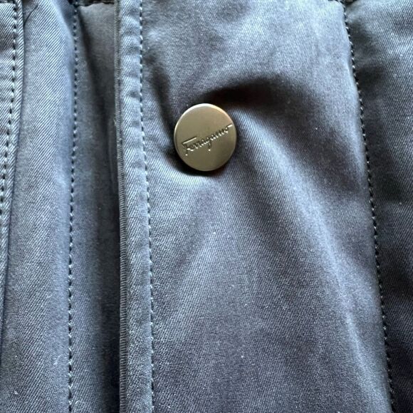 SALVATORE FERRAGAMO Navy Quilted Jacket Coat, Black Leather Collar - Picture 4 of 4